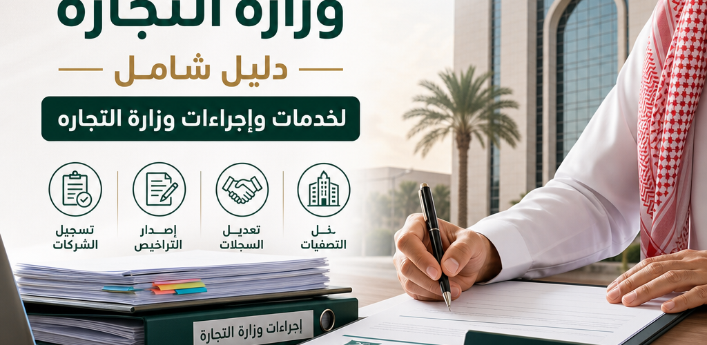 Arabic infographic on Saudi Ministry of Commerce services and procedures for businesses 