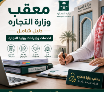 Arabic infographic on Saudi Ministry of Commerce services and procedures for businesses 