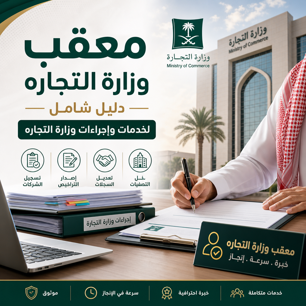 Arabic infographic on Saudi Ministry of Commerce services and procedures for businesses